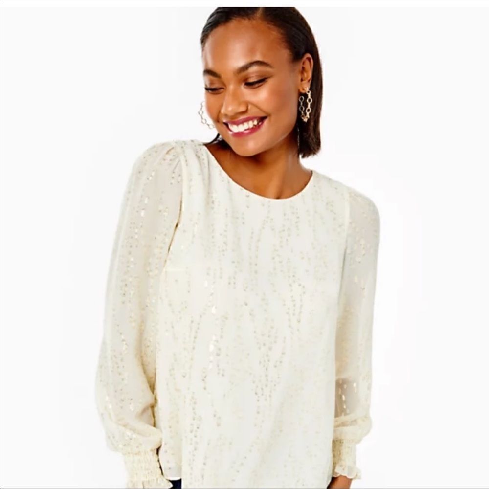 Lilly Pulitzer Idina long sleeve silk chiffon ivory coconut shimmer blou…